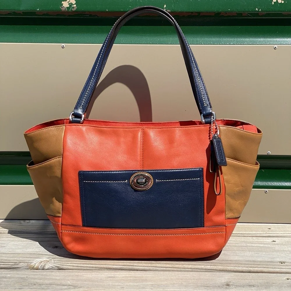 Coach Park Quilted Colorblock Carrie F24065 Vermillion Multi Leather Tote Bag